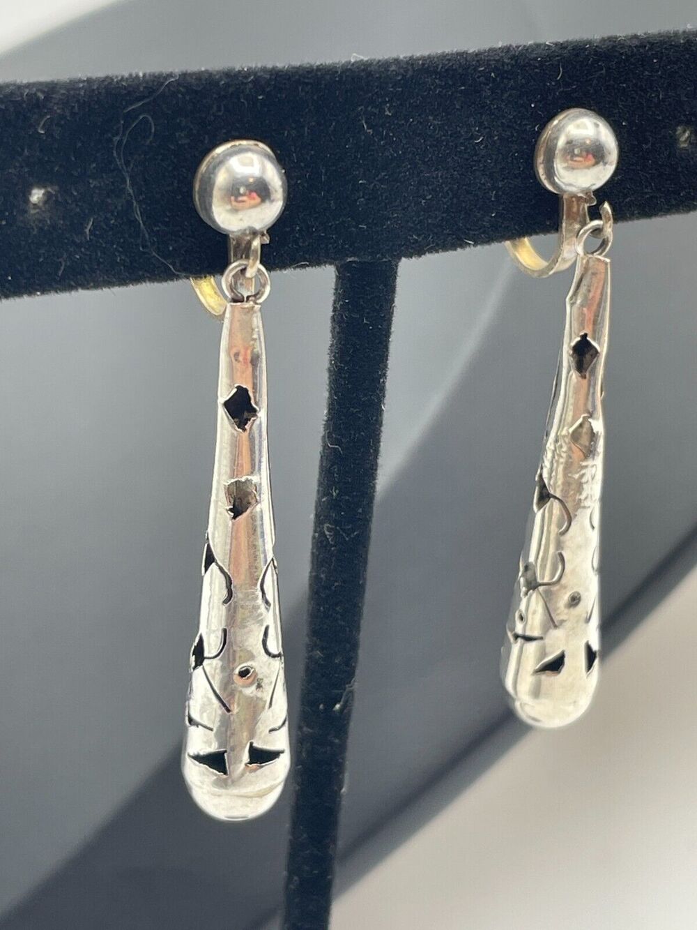Vintage Sterling Silver 2" Earrings Screw Back Mexico Signed 925 Dangle Cut Out
